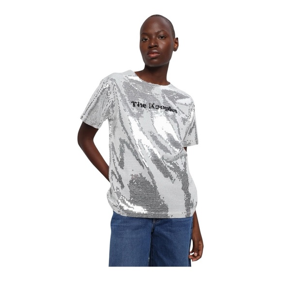 THE KOOPLES Silver sequined t-shirt, Size Large NWT short sleeve crew neck - Picture 1 of 14
